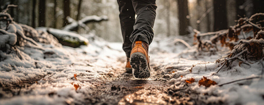 Hiker's boots crunching through fresh snow on a forest trail