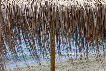 palm umbrella on sandy sea beach 