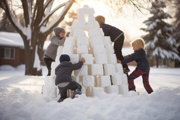 Children building a snow fort - obrazy, fototapety, plakaty