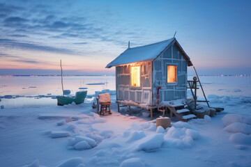 Ice fishing hut on a frozen lake