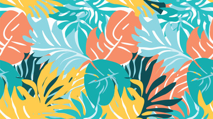 Fototapeta na wymiar Multicolor abstract background with tropical palm leaves in Matisse style. Vector seamless pattern with Scandinavian cut out elements