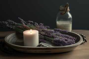 Obraz na płótnie Canvas Fragrant home decor featuring candle and lavender flowers. Generative AI
