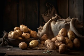 Potatoes in weathered sack amidst rustic atmosphere. Generative AI