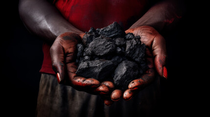 A dark-skinned miner holds a pile of coal in his hands, showing the viewer the result of his hard work.Generative AI - obrazy, fototapety, plakaty