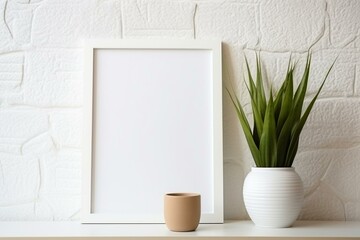 A blank vertical photo frame, a white picture frame near a potted plant on a shelf, minimalism concept. Generative AI