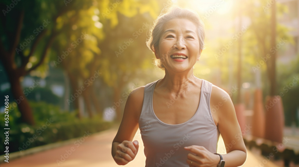 Canvas Prints asian elderly woman running in the park with trees in the background. generative ai.