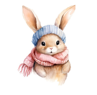Watercolor illustration of a cute rabbit in a hat, winter card, fox portrait. Generative AI, png image.