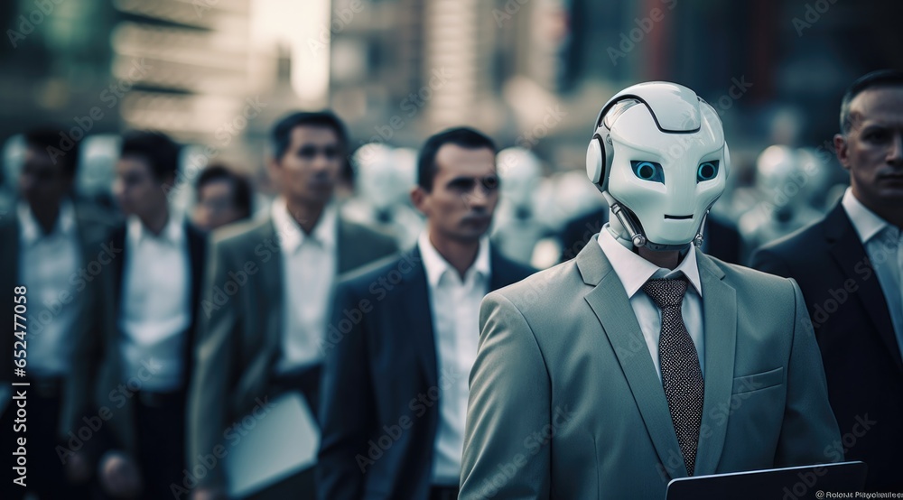 Poster a robot in a suit walks into a crowd of people on the street as a man with a robot mask on. generati