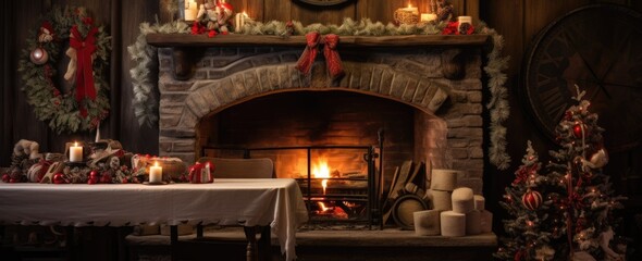 A festive fireplace with a clock and Christmas decorations - obrazy, fototapety, plakaty