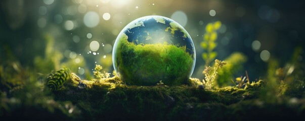 A glass globe sitting on top of a moss covered field. Generative AI.