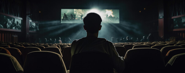 Movie fan watching a film on a big screen in a dimly lit theater - obrazy, fototapety, plakaty