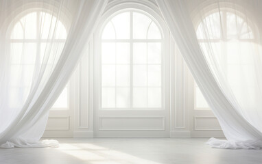 Fototapeta premium Living room with almost transparent white curtains covering the windows. Delicate fabric curtains in an ethereal atmosphere gently filtering the sunlight.