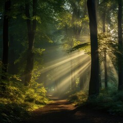 Fototapeta na wymiar Tranquil misty autumn forest with sun rays