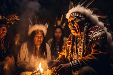 Tuinposter Native American elder sharing traditional stories around a campfire © thejokercze