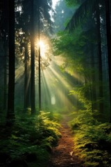 Obraz premium Tranquil misty autumn forest with sun rays