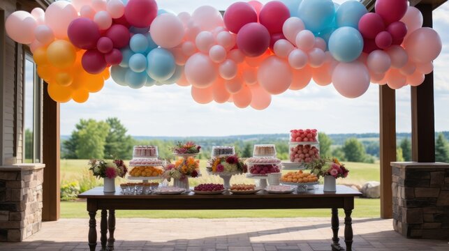 Colorful balloon arches over dessert table