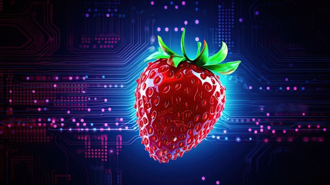 Futuristic red strawberry fruit with circuit big data technology. AI generated image