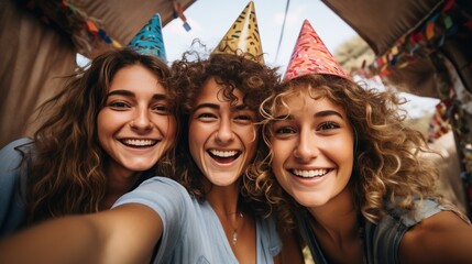 Friends taking a selfie with party hats