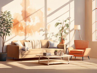 a modern living room with couches pillows planters and chairs
