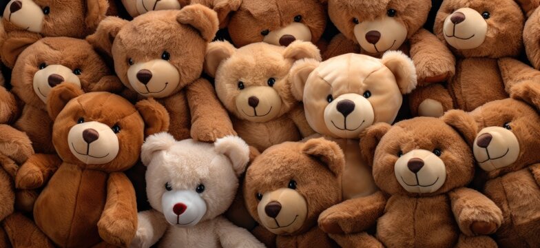 Full frame image of many teddy bears squeezing each other and squinting