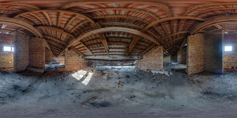 Fototapeta na wymiar 360 hdri panorama inside abandoned ruined decaying old destroyed building on attic floor in full seamless spherical hdri panorama in equirectangular projection, AR VR virtual reality content