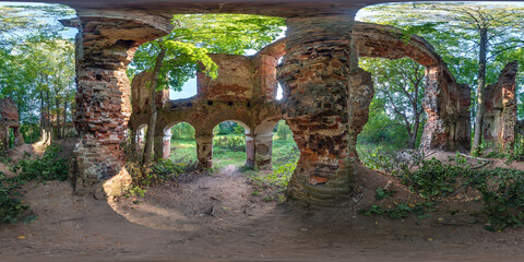 360 hdri panorama inside abandoned ruined bushy concrete decaying old building without roof in full seamless spherical hdri panorama in equirectangular projection, AR VR virtual reality content