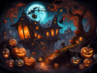 Halloween holiday illustration - pumpkin October night - AI generative art