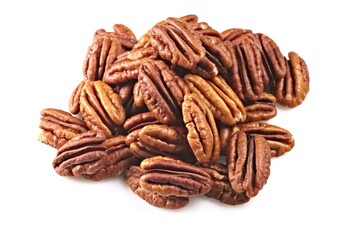 Top View Close-Up: 4K Image of Fresh Pecan Nuts on a Clean White Background