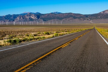 Desert Highway Road and Wind Turbines: Scenic Wheat Field Landscape in 4K