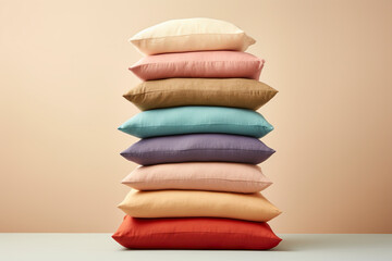 A stack of colorful, isolated pillows. Cushions in bright and varied colors contrast with a beige background for a feeling of comfort and relaxation.