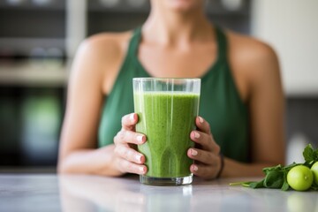 Close Up Woman’s Hands Holding Glass with Green Smoothie in Kitchen. Concept of healthy food and healthy lifestyle