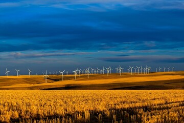Wind Turbines on Wheat Field at Sunset with Grain Elevator - 4K image