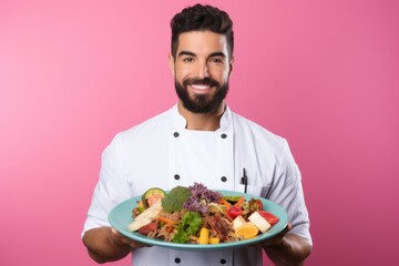 handsome man Holding a Tray with Fresh Vegetables on pink Background