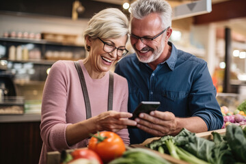 Happy Mature Couple Shopping or ordering Online Using Phone App in Grocery Store