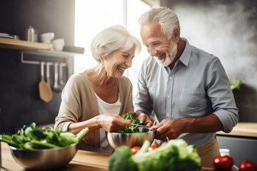 happy senior loving couple cooking in kitchen