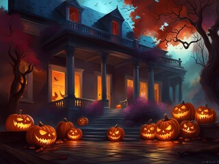 Halloween holiday illustration - pumpkin October night - AI generative art