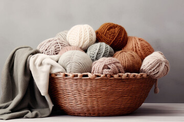 Fototapeta na wymiar Basket full of colorful yarn wool balls. Autumn colors