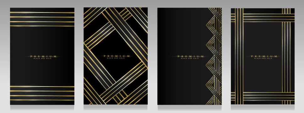 Collection of luxury covers. Black and gold backgrounds with shimmering gold lines. Elegant variety of geometric patterns for prestigious business, deluxe events, invitations.