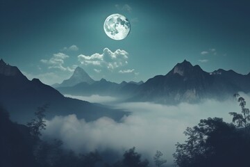 A dreamlike landscape with mountains, moon, calendar, and fog. Generative AI