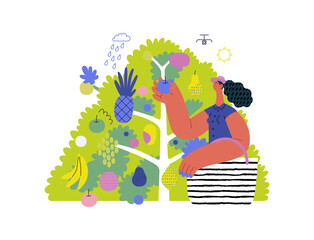 Greenery, ecology -modern flat vector concept illustration of a woman gathering fruit from the 40 fruit tree. Metaphor of environmental sustainability and protection, closeness to nature
