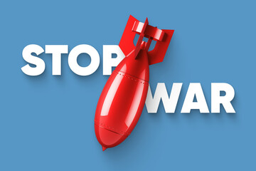 Banner with a red bomb and a call to stop the war in Ukraine. Template, mock-up. 3d render