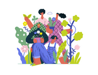 Greenery, ecology -modern flat vector concept illustration of people surrounded by plants and flowers. Metaphor of environmental sustainability and protection, closeness to nature