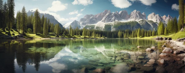 Fotobehang Dolomieten Alpine lake nestled amidst the Dolomites, reflecting the towering mountains in its clear waters