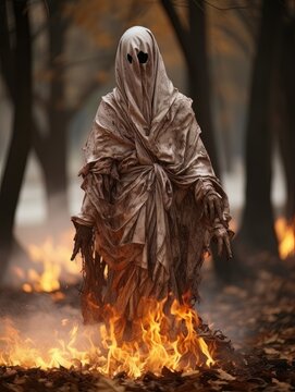 Creepy Ghost Pyrotechnician Walking In The Autumn Forest Among Burning Leaves, AI