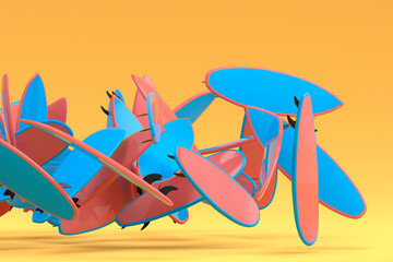 Many of flying surfboard for summer surfing isolated on yellow background.