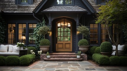 Main entrance door in a house Wooden front door with a gabled porch and landing Exterior of a Georgian-style home cottage with columns