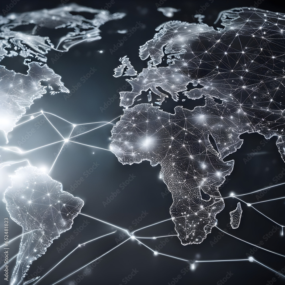 Poster global network connection on black background. 3d rendering toned image, black and white global netw