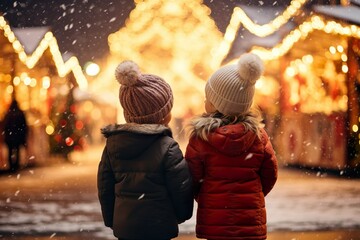 Two toddler girl children standing at a Christmas market looking at the christmas marke, snow, lights, winter season, happy holidays | Generative AI