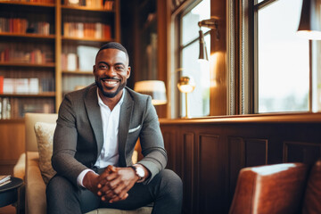 portrait of a therapist smiling, sitting in a sofa, in a cosy room