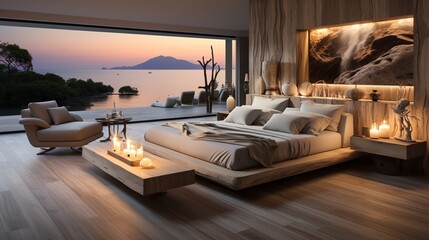 Minimalist interior design defines the modern bedroom, offering a serene atmosphere with a sea view - obrazy, fototapety, plakaty